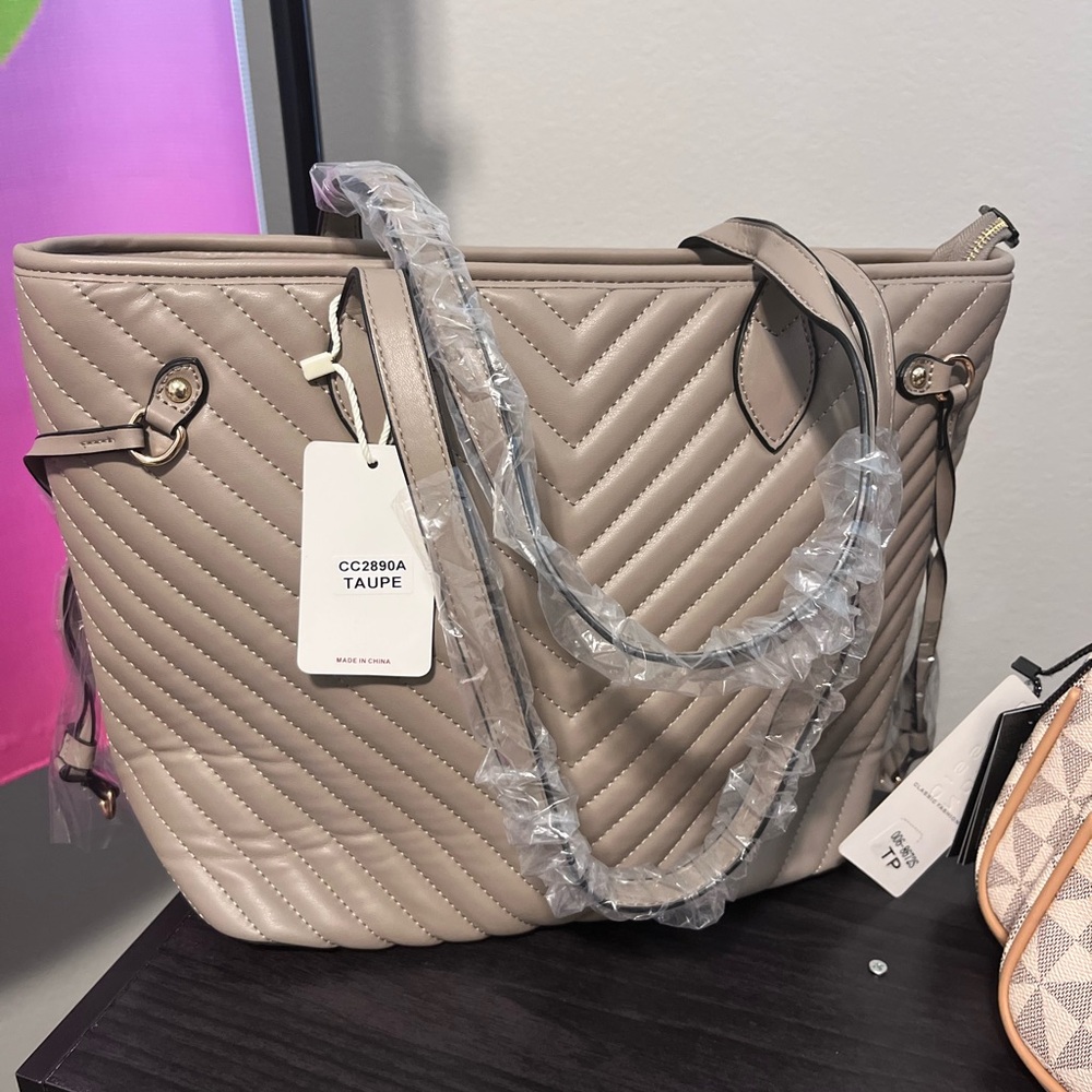 Taupe Quilted Tote Bag - Brand: